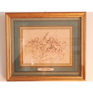 A Gorgeous Ink Drawing Of 3 Playing Cherubs By SAUVAGE~Sold~