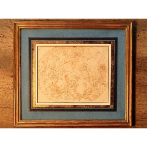 Charming 18th Century Putti And Swan Ink Drawing By LF Delarue