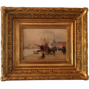 Oil On Panel Painting Of The Dunkirk Harbor By Galien Laloue