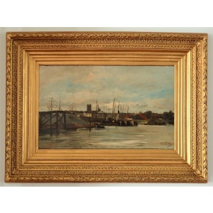 Oil Panel Of The Dieppe Harbor By Emile Louis Mathon