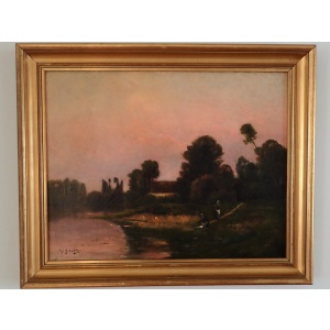 Oil Painting Of Women By A River At Dusk by HJ Delpy
