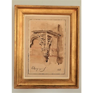 Brown Aquarelle Of A Gothic Church Ledge By HJ Harpignies