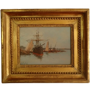 Oil Painting of a Cargo ship in Normandy by Eugène Galien-Laloue