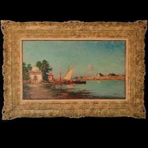 Beautiful Oil Painting of Sailboats on The Nile in Egypt by Malfroy