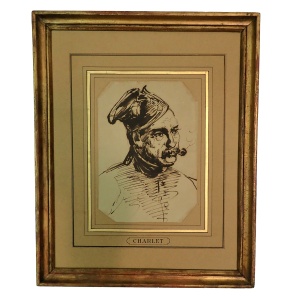 19th Century Ink Drawing of a Pipe Smoker by Nicolas Toussaint Charlet