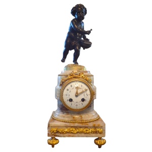 Charming Louis XVI Style Putto Topped Onyx and Bronze Clock