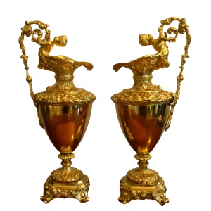French Renaissance Style Decorative Ewers in Chased and Gilded Bronze