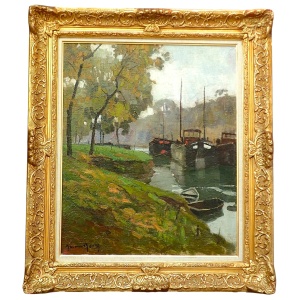 Maurice Martin - Barges on the Loing River