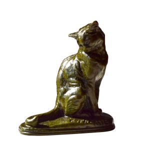 Green Patina Bronze Statue of a Seated Cat by E Fremiet